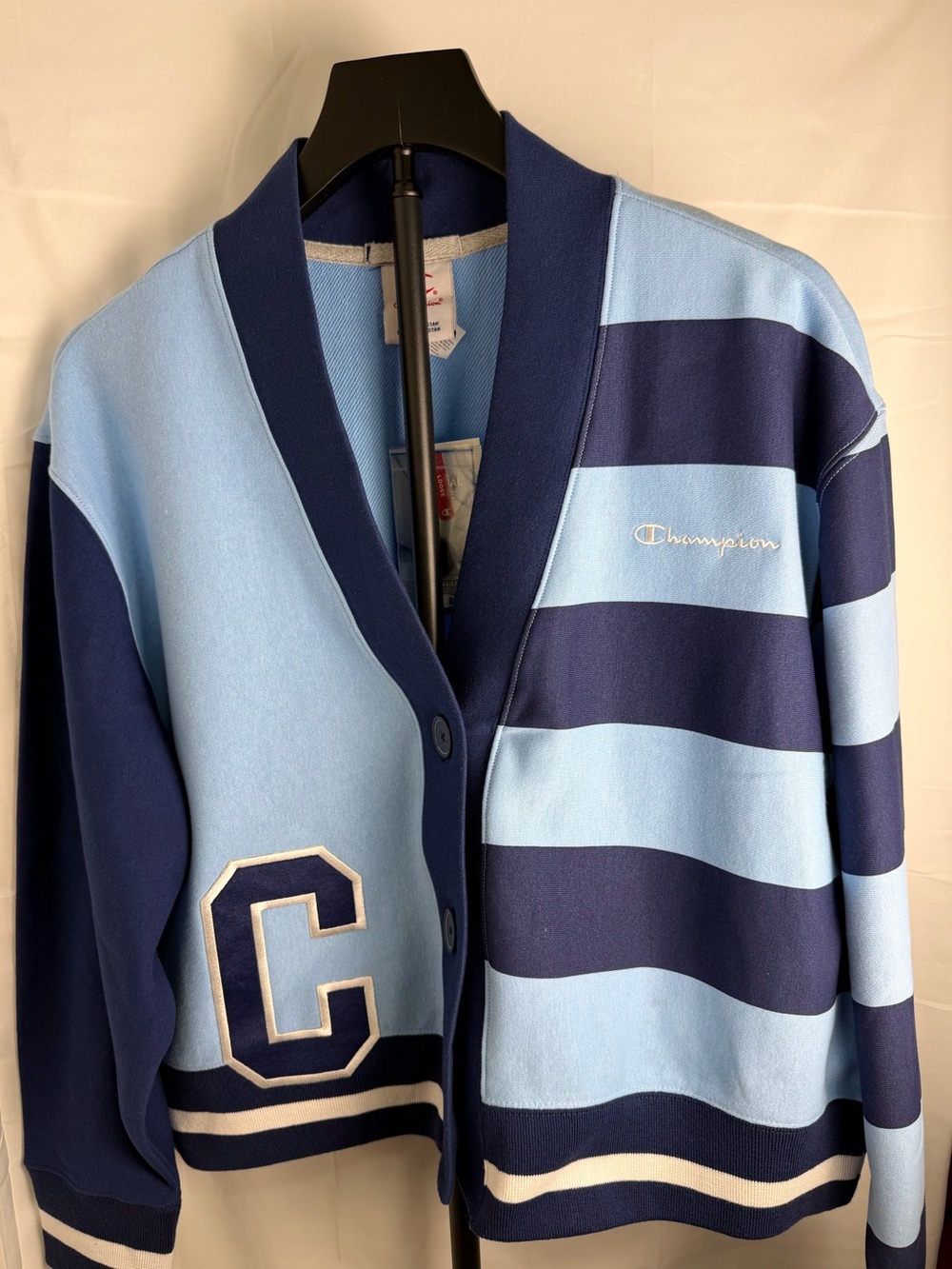 Champion women’s size L Light Blue & Navy Striped Cardigan Jacket